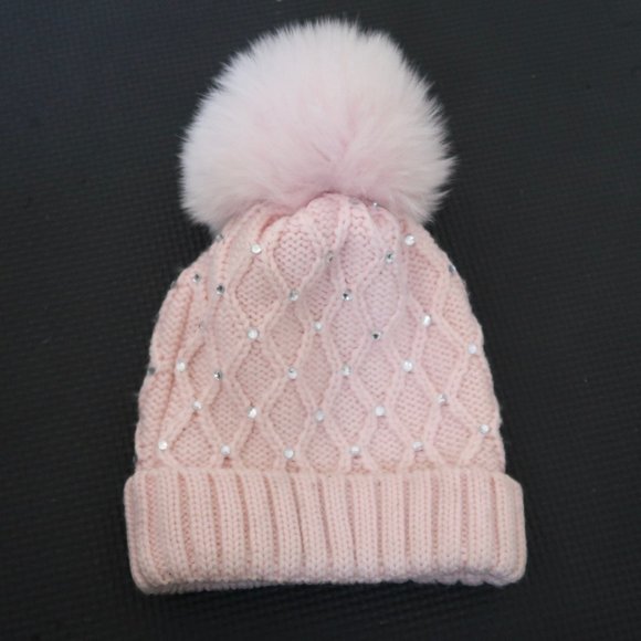 CATYA merino wool knit hat w Fur pom pom & crystals - Picture 2 of 5